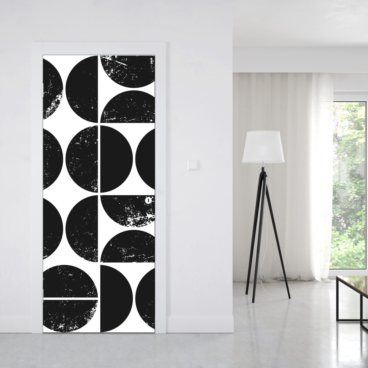 Naklejka na drzwi czarny geometryczny wzór z kół i półkół – Wallissimo® Naklejka na drzwi czarny geometryczny wzór z kół i półkół – Wallissimo®