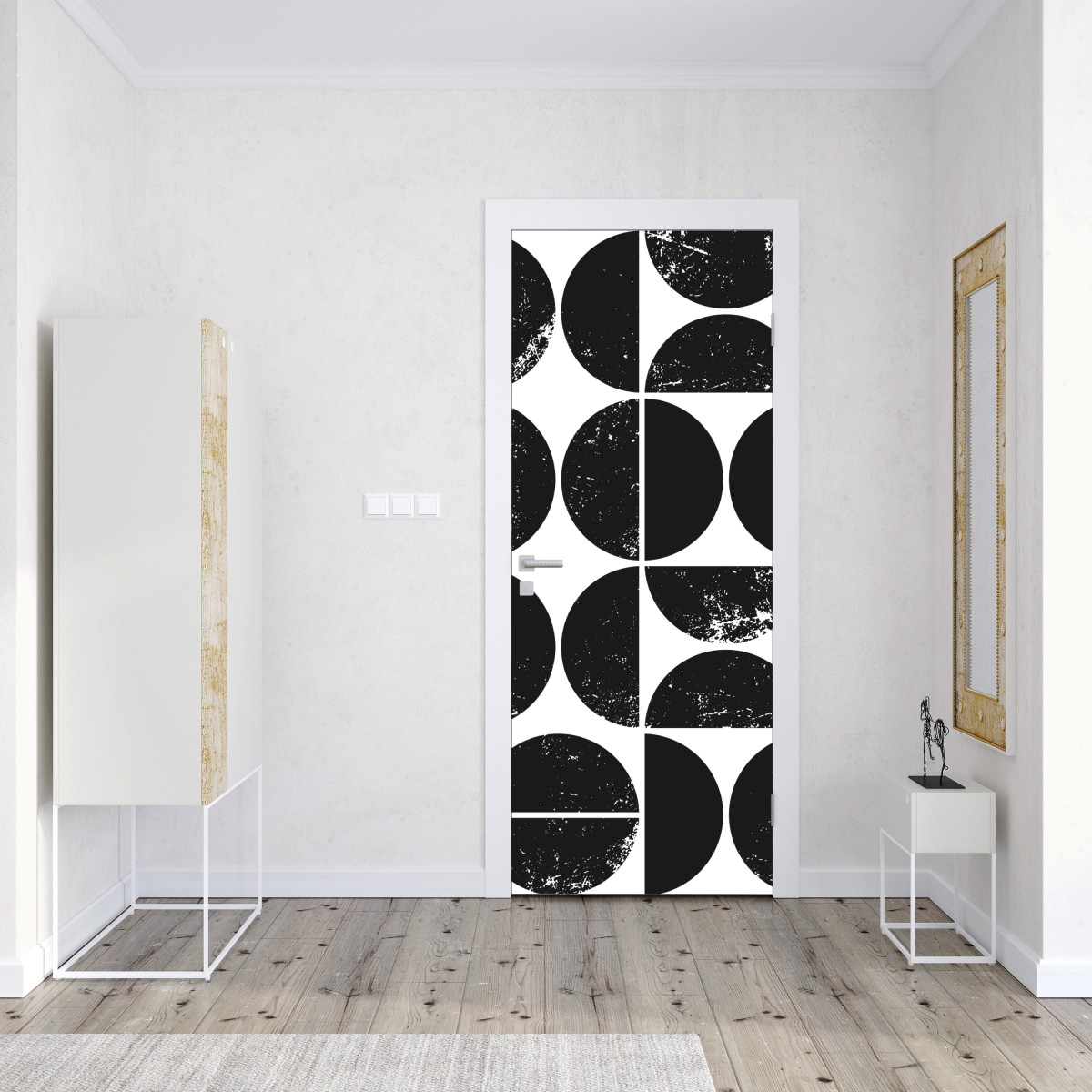 Naklejka na drzwi czarny geometryczny wzór z kół i półkół – Wallissimo® Naklejka na drzwi czarny geometryczny wzór z kół i półkół – Wallissimo®