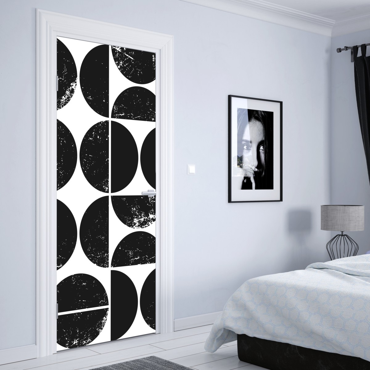 Naklejka na drzwi czarny geometryczny wzór z kół i półkół – Wallissimo® Naklejka na drzwi czarny geometryczny wzór z kół i półkół – Wallissimo®