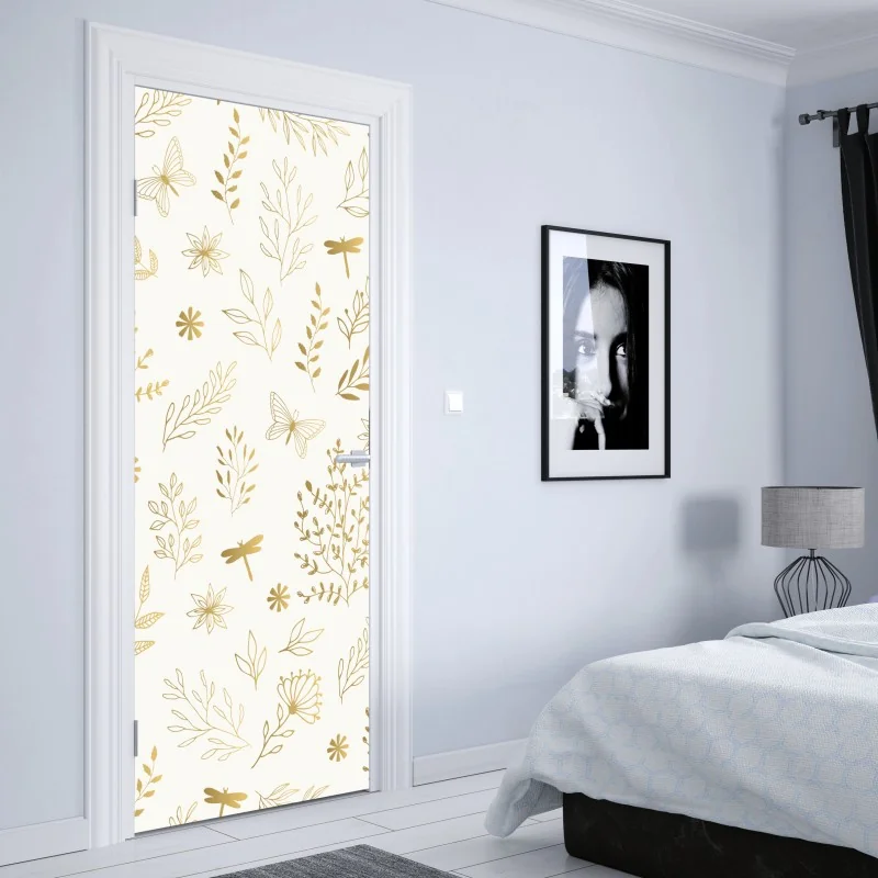 Naklejka na drzwi złoty kwiatowy ornament na granatowym tle – Wallissimo®