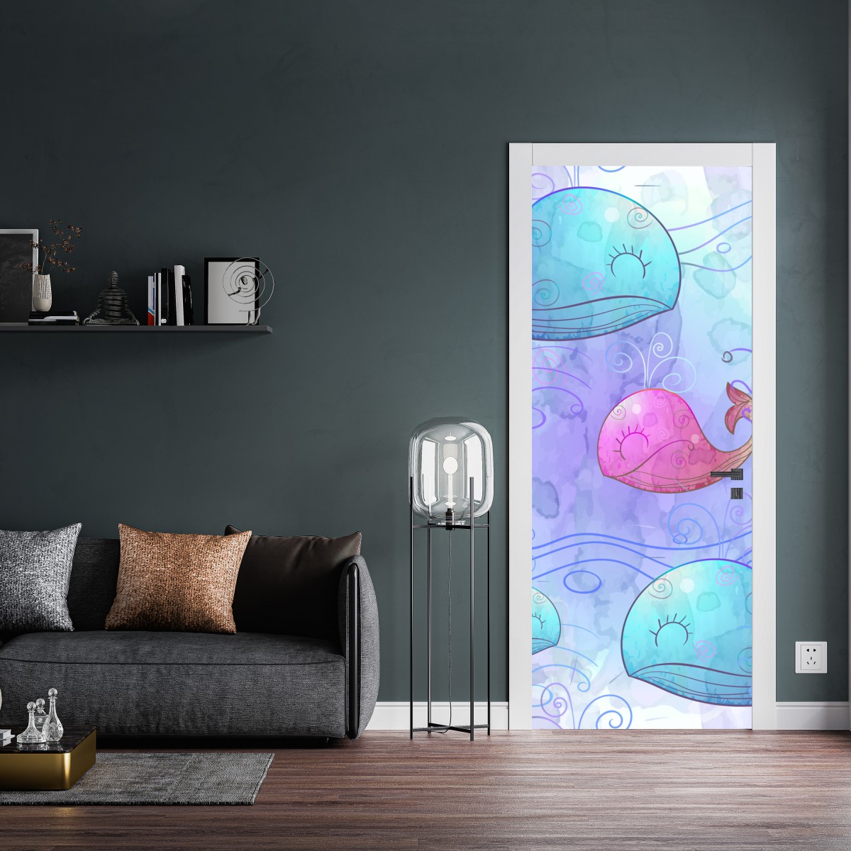 Naklejka na drzwi akwarelowy wzór z wielorybami do pokoju dziecięcego – Wallissimo® Naklejka na drzwi akwarelowy wzór z wielorybami do pokoju dziecięcego – Wallissimo®