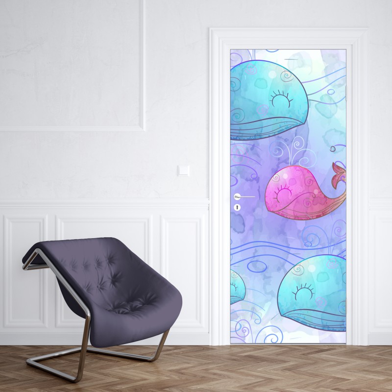 Naklejka na drzwi akwarelowy wzór z wielorybami do pokoju dziecięcego – Wallissimo® Naklejka na drzwi akwarelowy wzór z wielorybami do pokoju dziecięcego – Wallissimo®