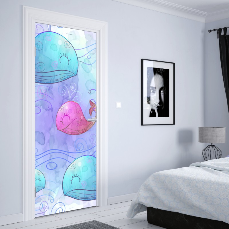 Naklejka na drzwi akwarelowy wzór z wielorybami do pokoju dziecięcego – Wallissimo® Naklejka na drzwi akwarelowy wzór z wielorybami do pokoju dziecięcego – Wallissimo®