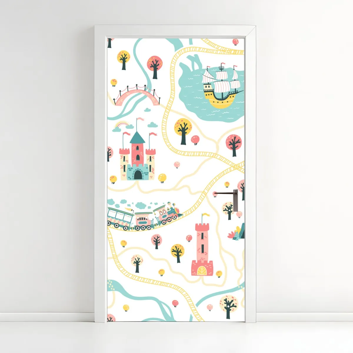 Naklejka na drzwi pastelowa mapa przygód dla dzieci – Wallissimo® Naklejka na drzwi pastelowa mapa przygód dla dzieci – Wallissimo®
