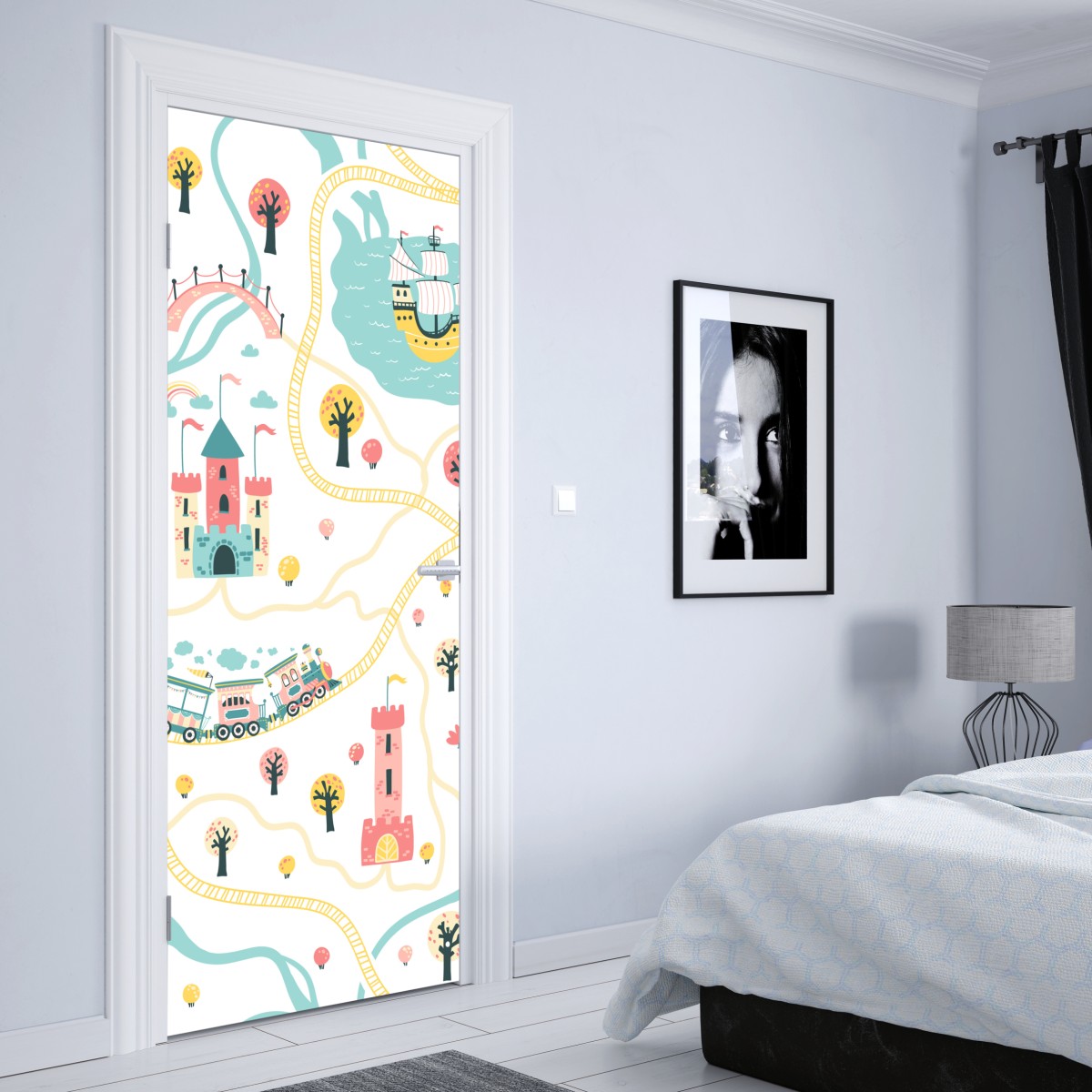 Naklejka na drzwi pastelowa mapa przygód dla dzieci – Wallissimo® Naklejka na drzwi pastelowa mapa przygód dla dzieci – Wallissimo®