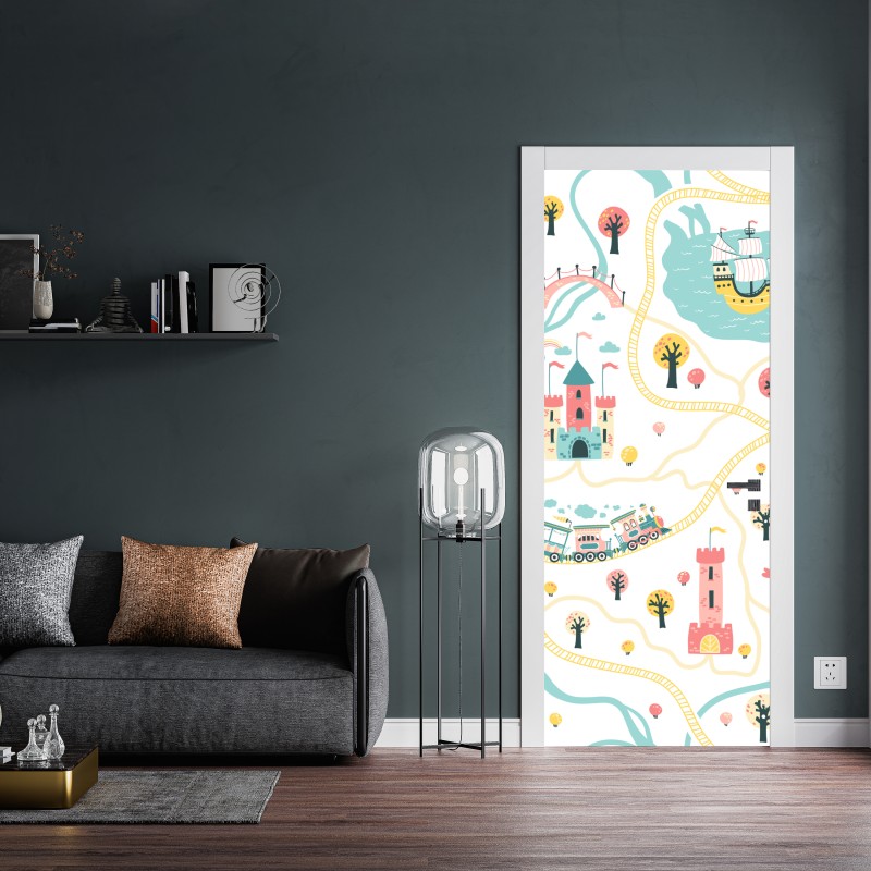 Naklejka na drzwi pastelowa mapa przygód dla dzieci – Wallissimo® Naklejka na drzwi pastelowa mapa przygód dla dzieci – Wallissimo®