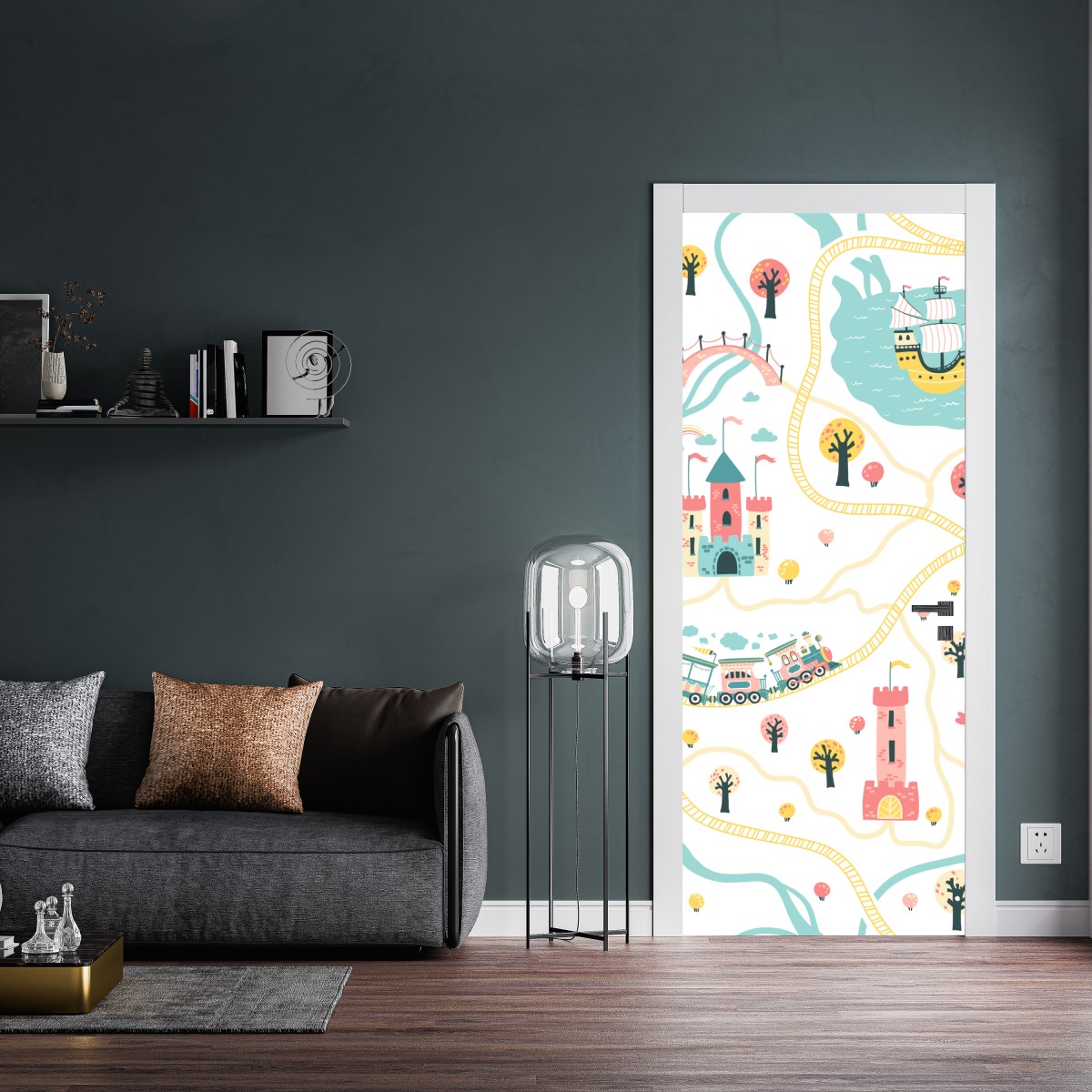 Naklejka na drzwi pastelowa mapa przygód dla dzieci – Wallissimo® Naklejka na drzwi pastelowa mapa przygód dla dzieci – Wallissimo®