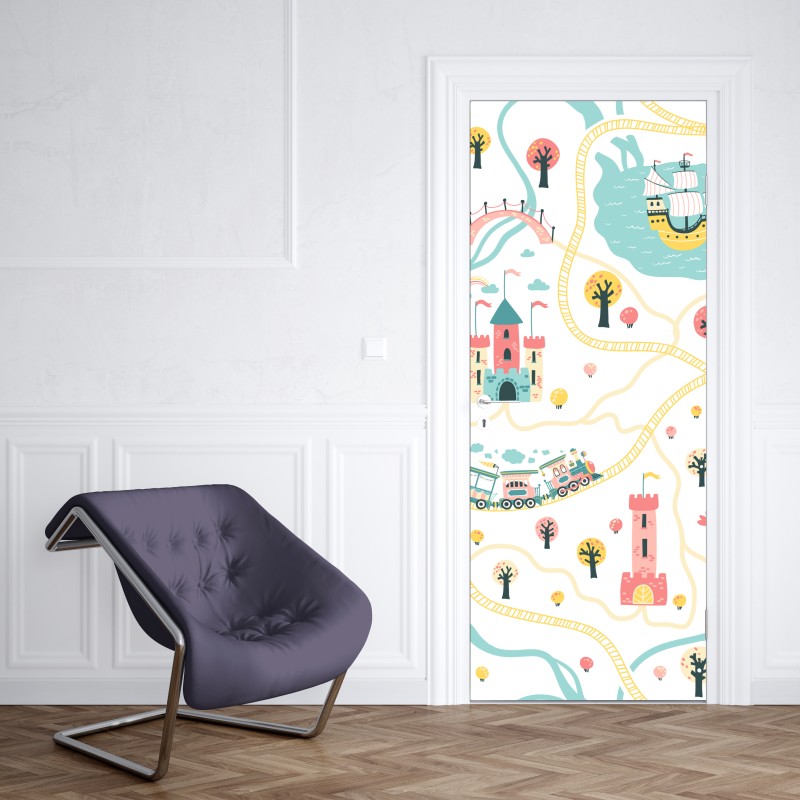 Naklejka na drzwi pastelowa mapa przygód dla dzieci – Wallissimo® Naklejka na drzwi pastelowa mapa przygód dla dzieci – Wallissimo®