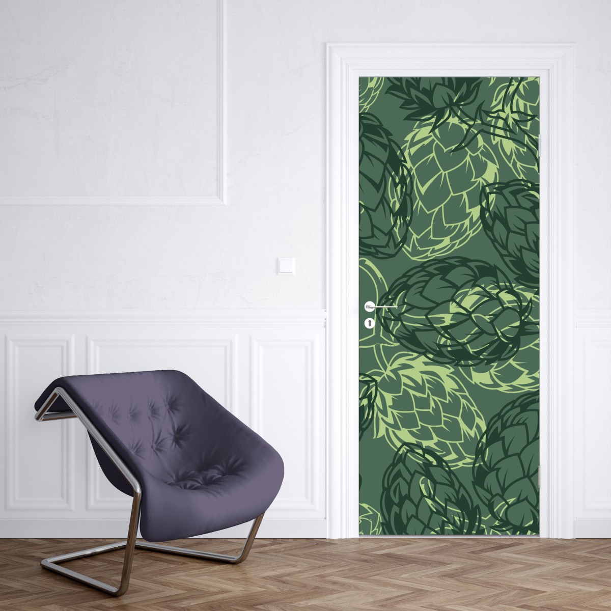 Naklejka na drzwi zielony wzór szyszek chmielu – Wallissimo® Naklejka na drzwi zielony wzór szyszek chmielu – Wallissimo®