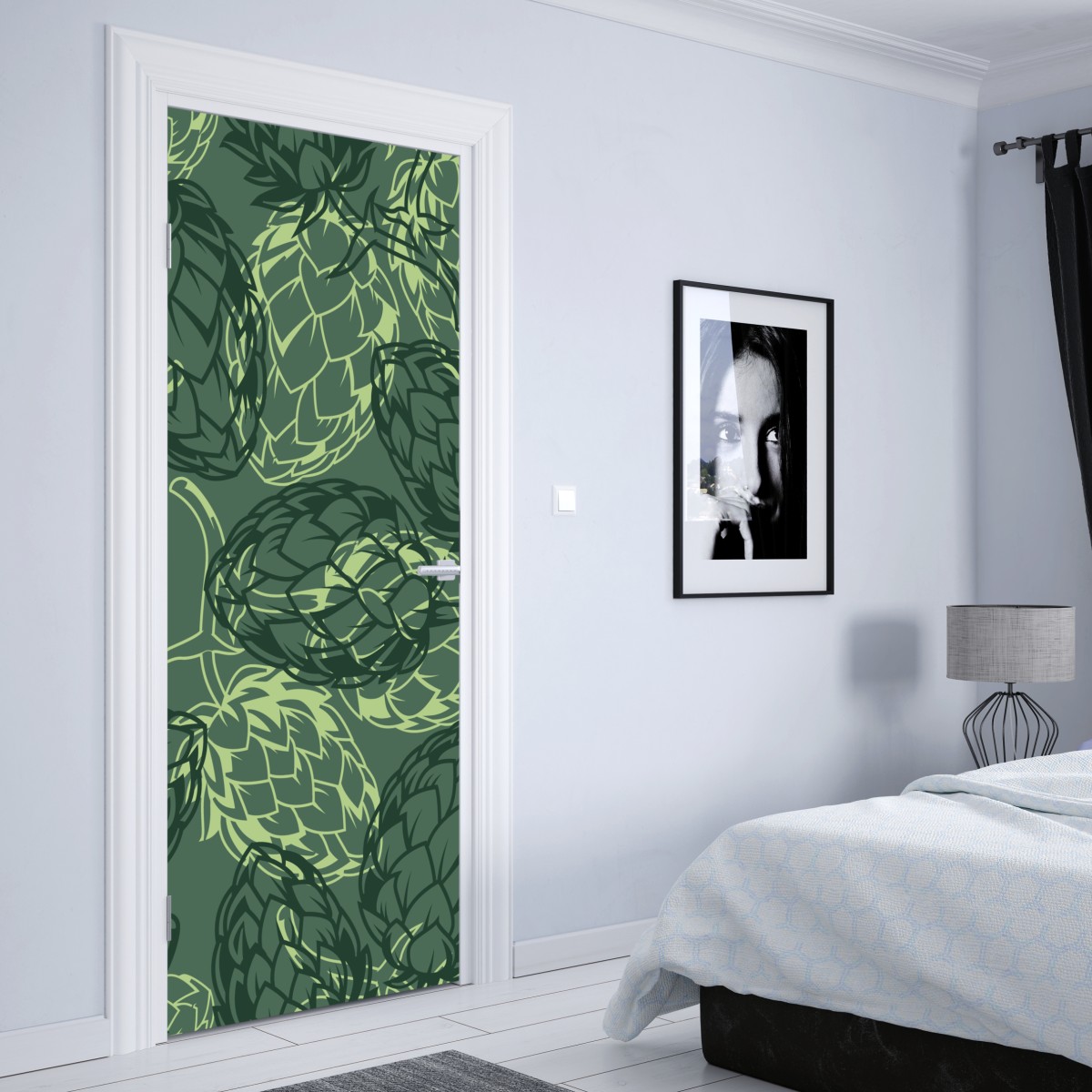 Naklejka na drzwi zielony wzór szyszek chmielu – Wallissimo® Naklejka na drzwi zielony wzór szyszek chmielu – Wallissimo®