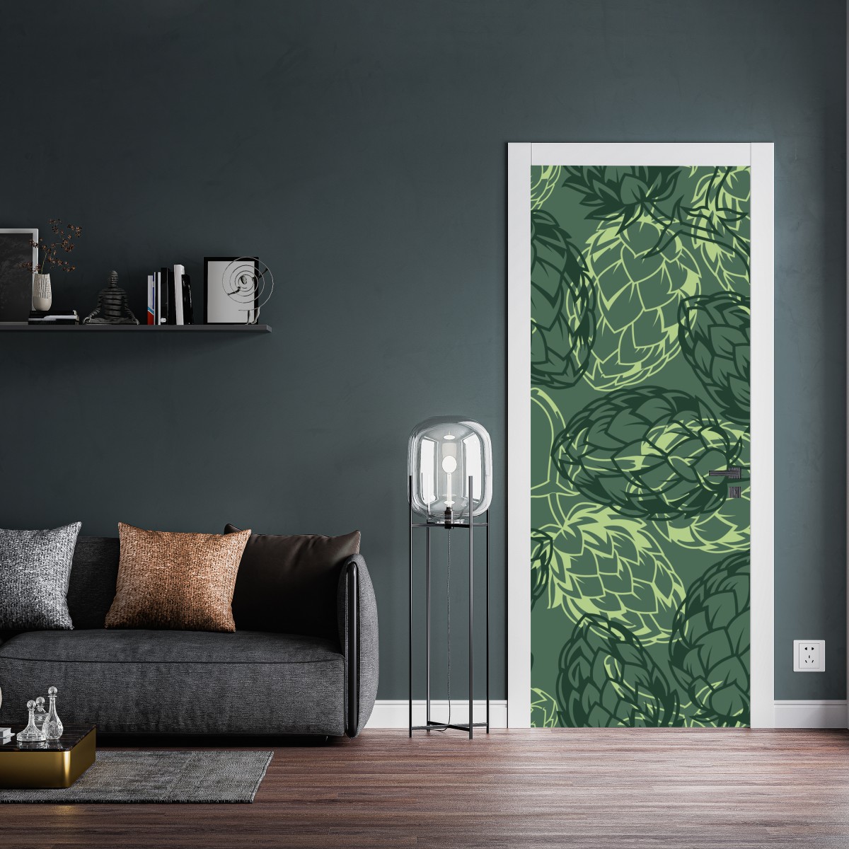 Naklejka na drzwi zielony wzór szyszek chmielu – Wallissimo® Naklejka na drzwi zielony wzór szyszek chmielu – Wallissimo®