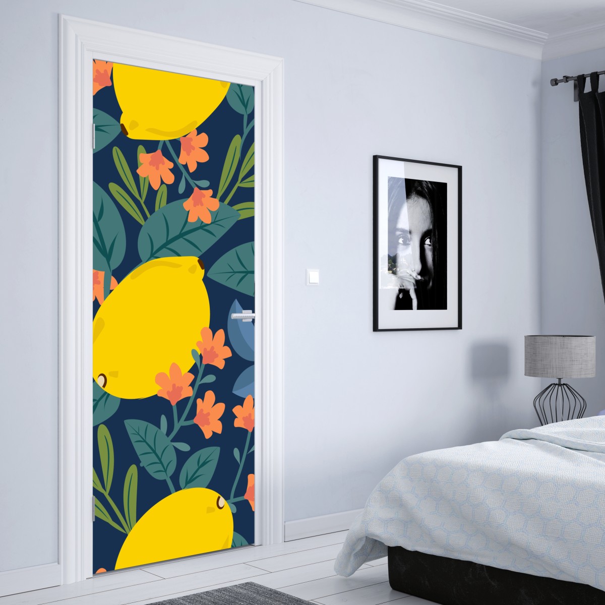 Naklejka na drzwi jaskrawy botaniczny wzór z cytrynami – Wallissimo® Naklejka na drzwi jaskrawy botaniczny wzór z cytrynami – Wallissimo®