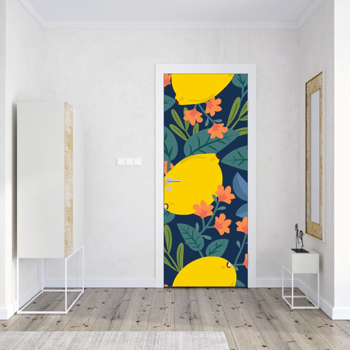 Naklejka na drzwi jaskrawy botaniczny wzór z cytrynami – Wallissimo® Naklejka na drzwi jaskrawy botaniczny wzór z cytrynami – Wallissimo®