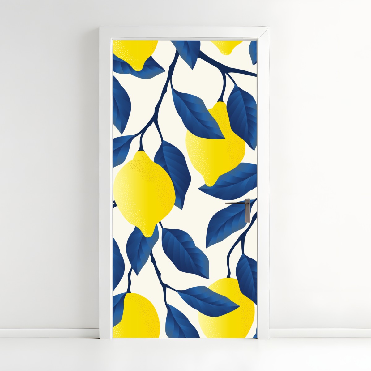Door sticker vibrant lemon pattern with blue leaves