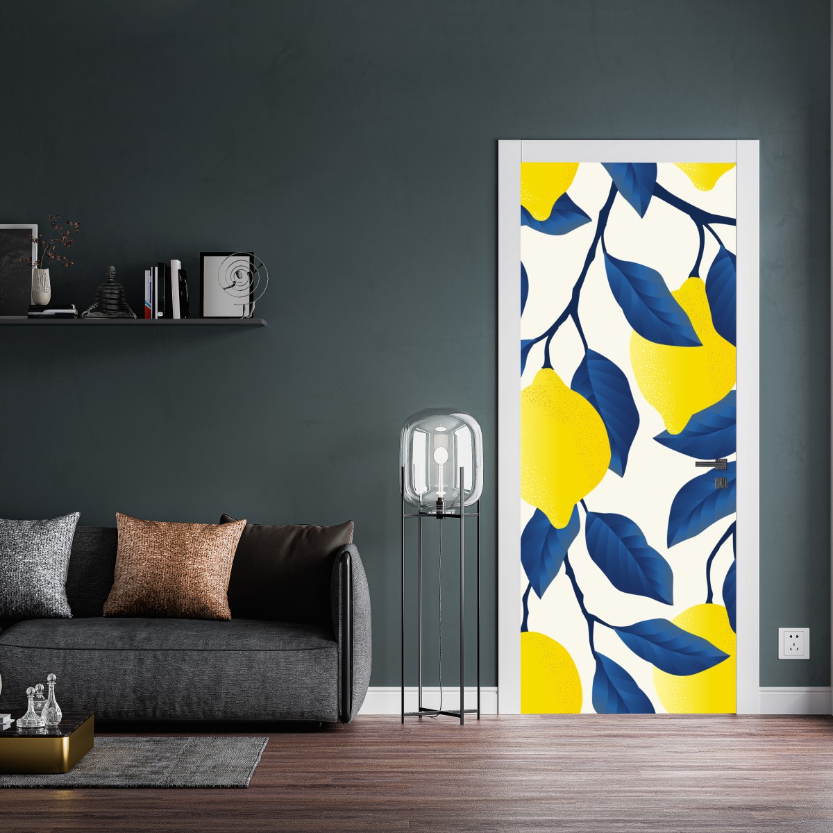 Naklejka na drzwi żywy wzór cytryn z niebieskimi liśćmi – Wallissimo® Naklejka na drzwi żywy wzór cytryn z niebieskimi liśćmi – Wallissimo®