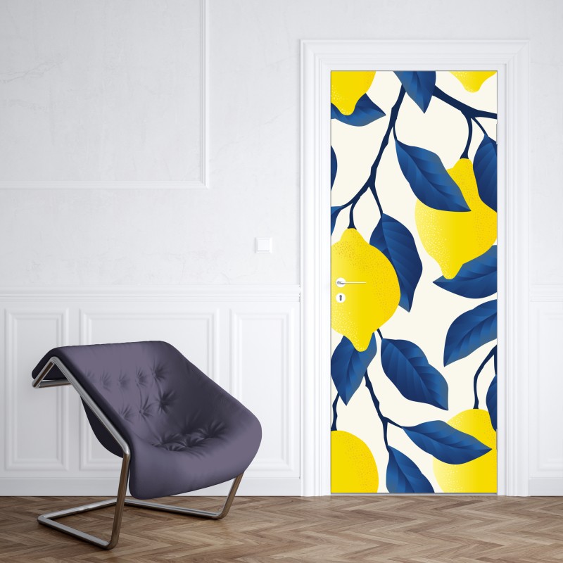 Naklejka na drzwi żywy wzór cytryn z niebieskimi liśćmi – Wallissimo® Naklejka na drzwi żywy wzór cytryn z niebieskimi liśćmi – Wallissimo®