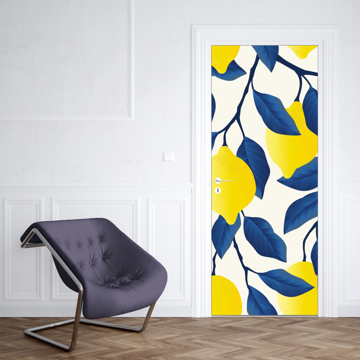 Naklejka na drzwi żywy wzór cytryn z niebieskimi liśćmi – Wallissimo® Naklejka na drzwi żywy wzór cytryn z niebieskimi liśćmi – Wallissimo®