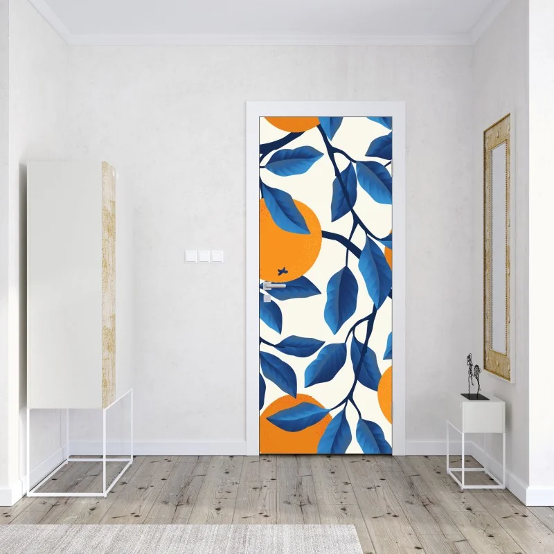 Naklejka na drzwi tropikalny wzór hibiskusa i plumerii – Wallissimo®