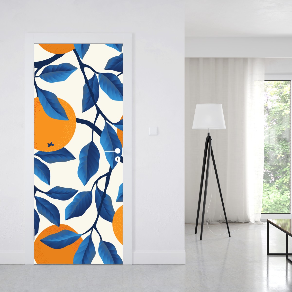 Naklejka na drzwi żywy wzór cytrusów w pomarańczach i niebieskich liściach – Wallissimo® Naklejka na drzwi żywy wzór cytrusów w pomarańczach i niebieskich liściach – Wallissimo®