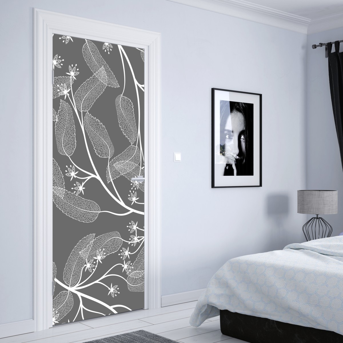 Naklejka na drzwi delikatne białe liście na szarym tle – Wallissimo® Naklejka na drzwi delikatne białe liście na szarym tle – Wallissimo®