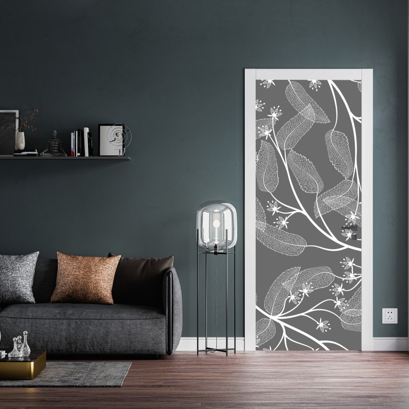 Naklejka na drzwi delikatne białe liście na szarym tle – Wallissimo® Naklejka na drzwi delikatne białe liście na szarym tle – Wallissimo®