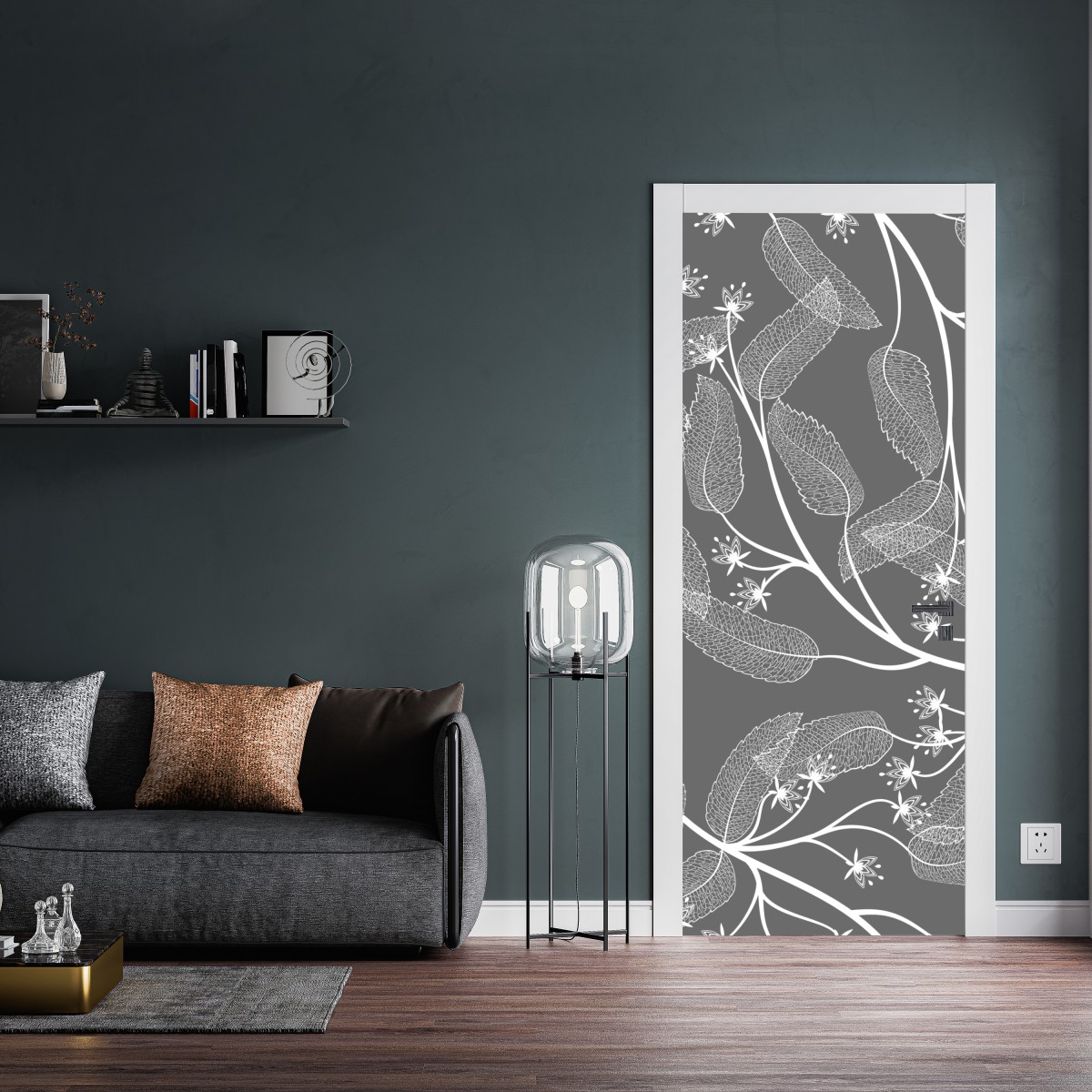 Naklejka na drzwi delikatne białe liście na szarym tle – Wallissimo® Naklejka na drzwi delikatne białe liście na szarym tle – Wallissimo®