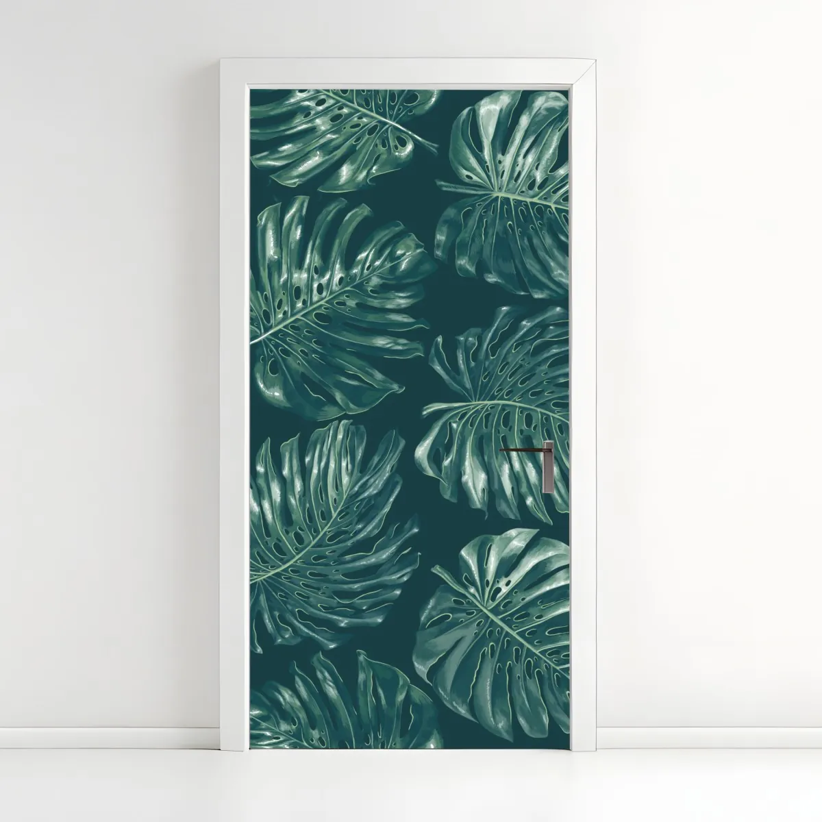 Naklejka na drzwi wzór tropikalnych liści monstery – Wallissimo® Naklejka na drzwi wzór tropikalnych liści monstery – Wallissimo®