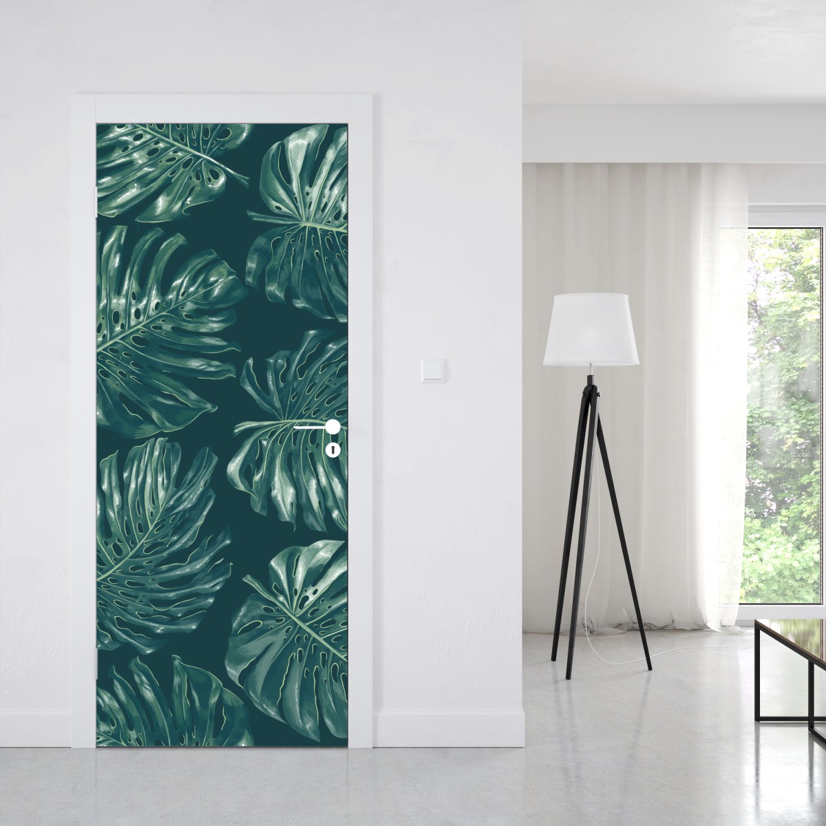 Naklejka na drzwi wzór tropikalnych liści monstery – Wallissimo® Naklejka na drzwi wzór tropikalnych liści monstery – Wallissimo®
