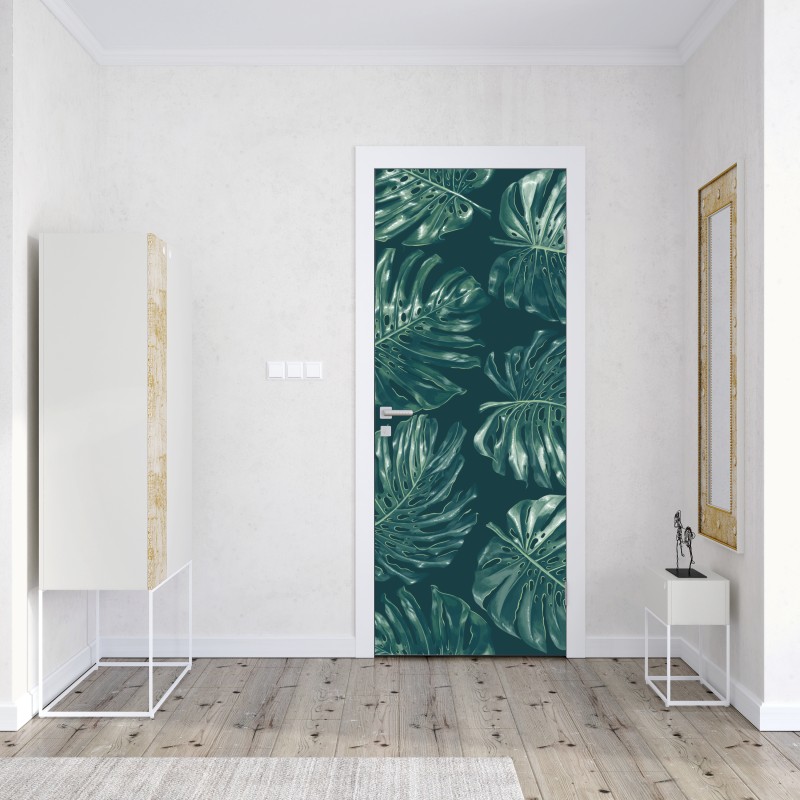 Naklejka na drzwi wzór tropikalnych liści monstery – Wallissimo® Naklejka na drzwi wzór tropikalnych liści monstery – Wallissimo®