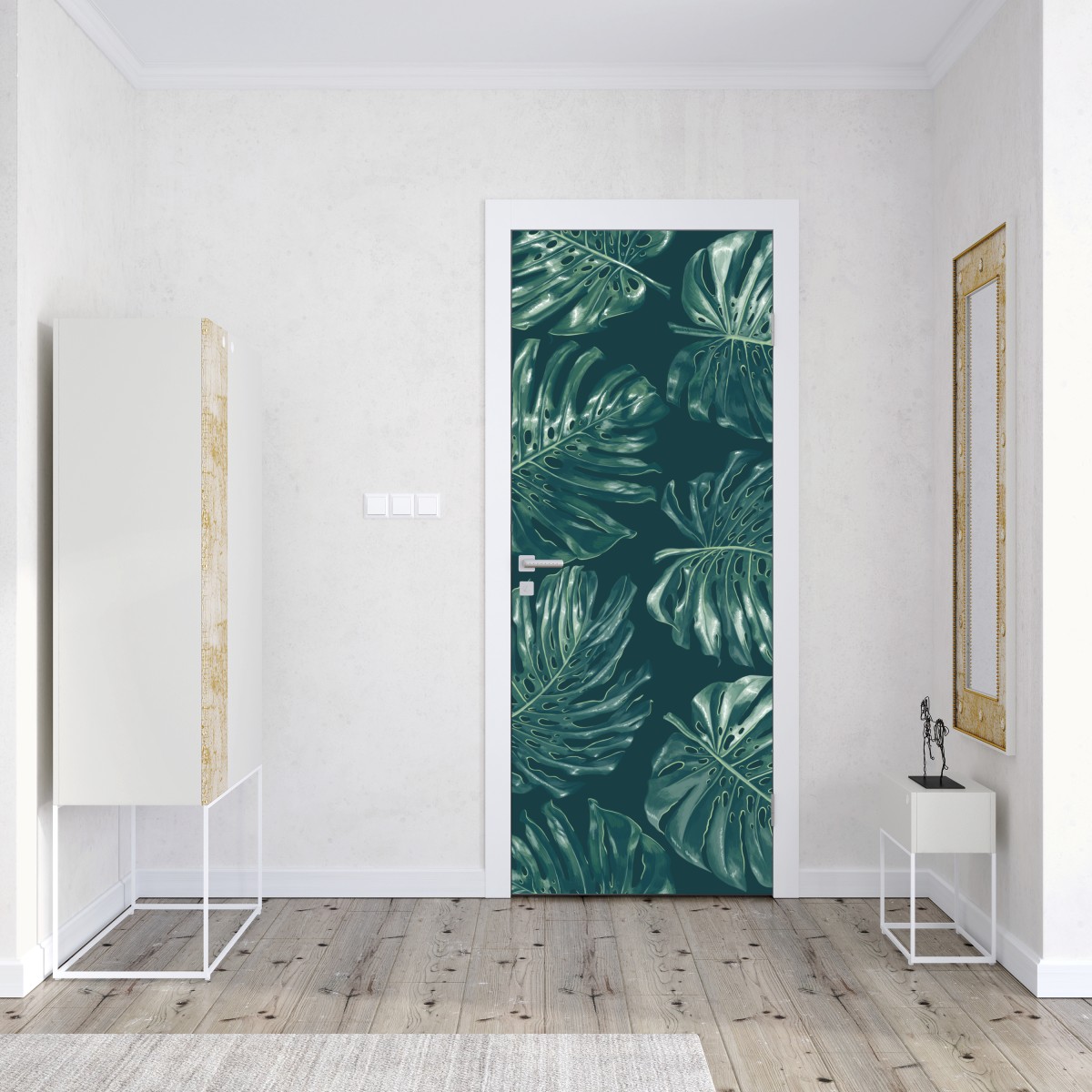 Naklejka na drzwi wzór tropikalnych liści monstery – Wallissimo® Naklejka na drzwi wzór tropikalnych liści monstery – Wallissimo®