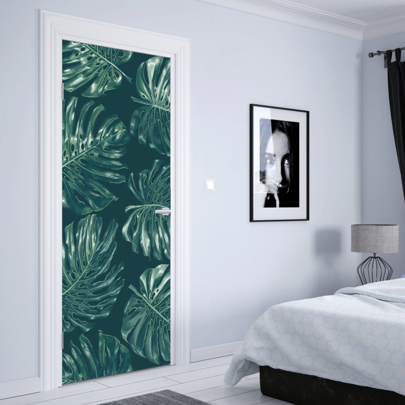 Naklejka na drzwi wzór tropikalnych liści monstery – Wallissimo® Naklejka na drzwi wzór tropikalnych liści monstery – Wallissimo®
