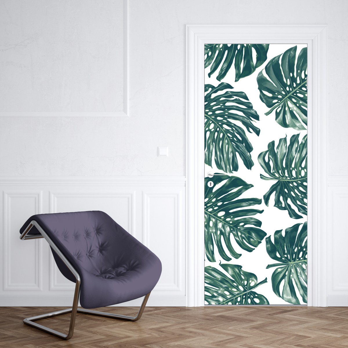 Naklejka na drzwi wzór botaniczny liści monstery – Wallissimo® Naklejka na drzwi wzór botaniczny liści monstery – Wallissimo®