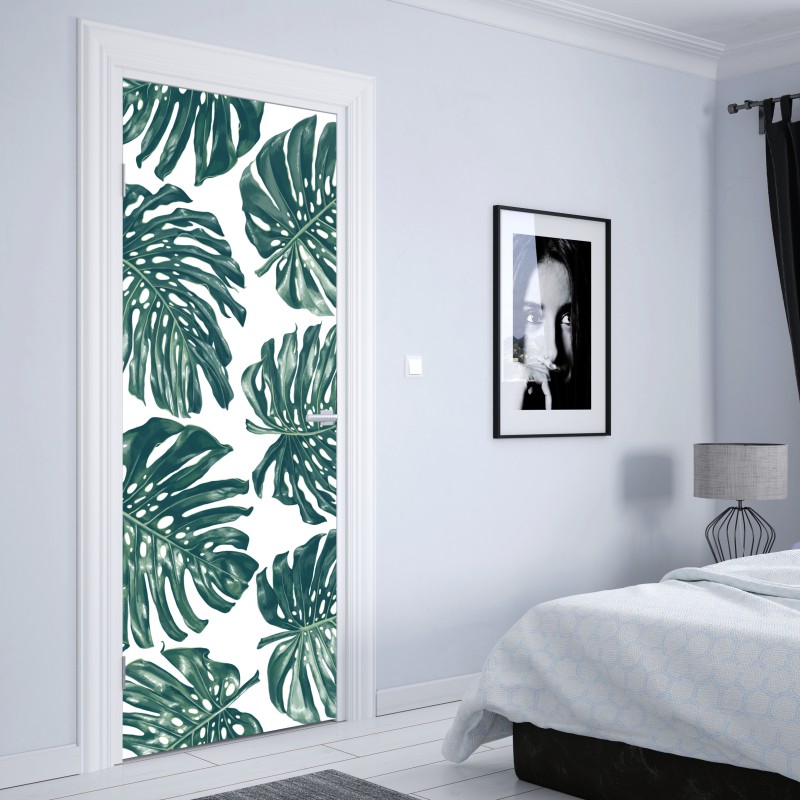 Naklejka na drzwi wzór botaniczny liści monstery – Wallissimo® Naklejka na drzwi wzór botaniczny liści monstery – Wallissimo®