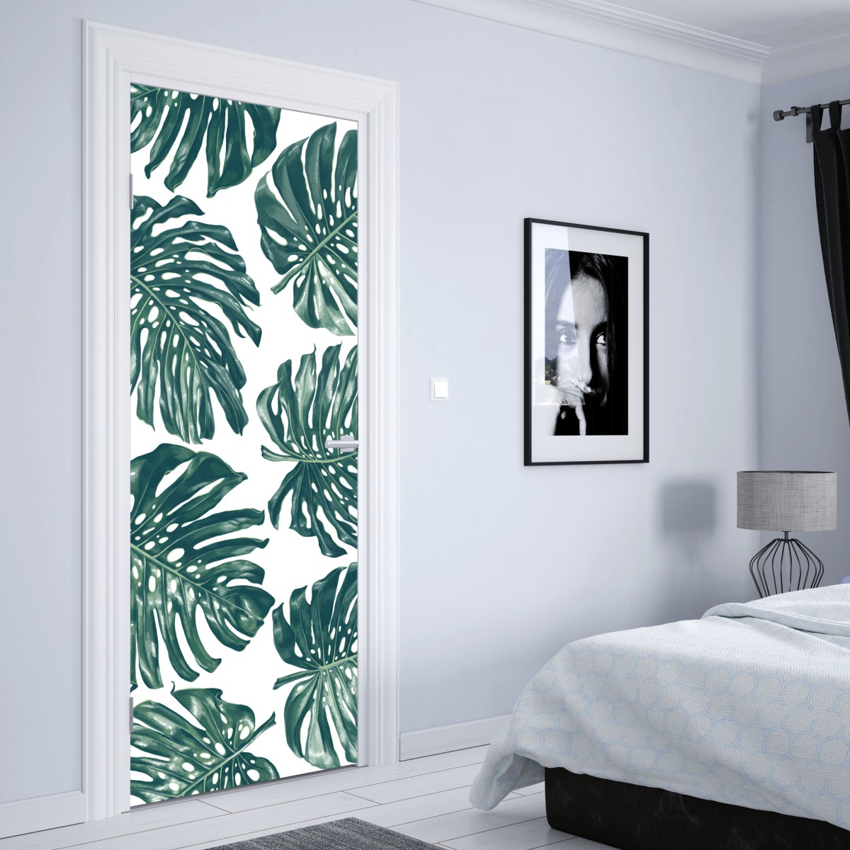 Naklejka na drzwi wzór botaniczny liści monstery – Wallissimo® Naklejka na drzwi wzór botaniczny liści monstery – Wallissimo®