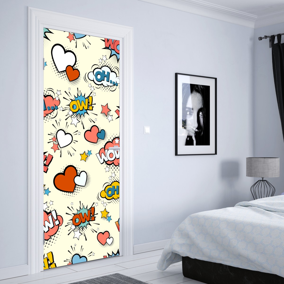 Naklejka na drzwi pop art komiksowe serca i dymki – Wallissimo® Naklejka na drzwi pop art komiksowe serca i dymki – Wallissimo®