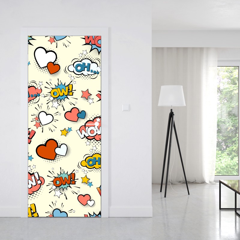 Naklejka na drzwi pop art komiksowe serca i dymki – Wallissimo® Naklejka na drzwi pop art komiksowe serca i dymki – Wallissimo®