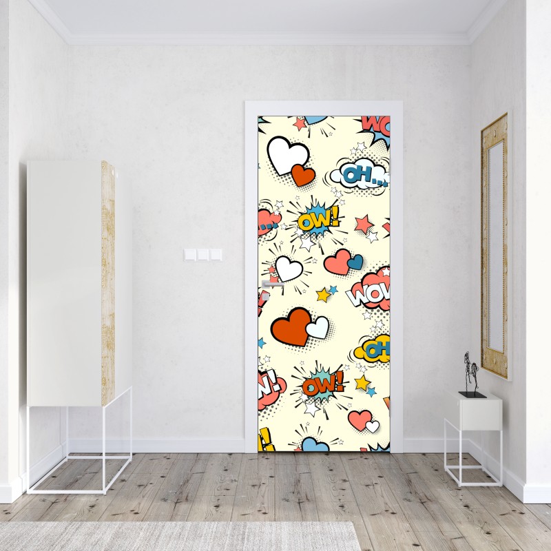 Naklejka na drzwi pop art komiksowe serca i dymki – Wallissimo® Naklejka na drzwi pop art komiksowe serca i dymki – Wallissimo®