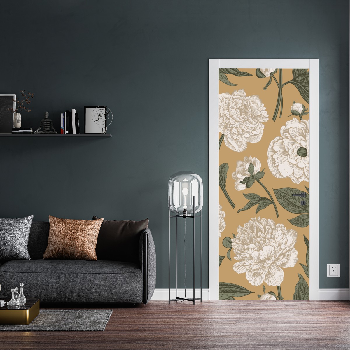 Naklejka na drzwi vintage wzór botaniczny z piwoniami – Wallissimo® Naklejka na drzwi vintage wzór botaniczny z piwoniami – Wallissimo®