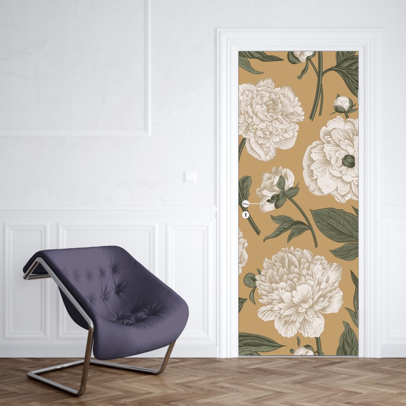 Naklejka na drzwi vintage wzór botaniczny z piwoniami – Wallissimo® Naklejka na drzwi vintage wzór botaniczny z piwoniami – Wallissimo®
