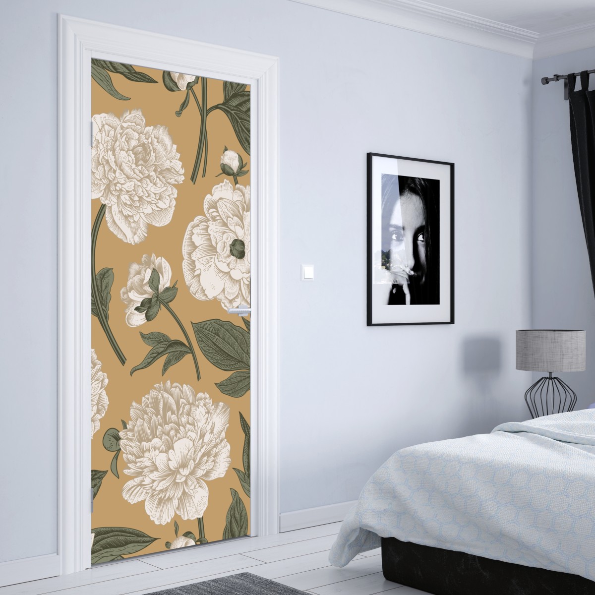Naklejka na drzwi vintage wzór botaniczny z piwoniami – Wallissimo® Naklejka na drzwi vintage wzór botaniczny z piwoniami – Wallissimo®