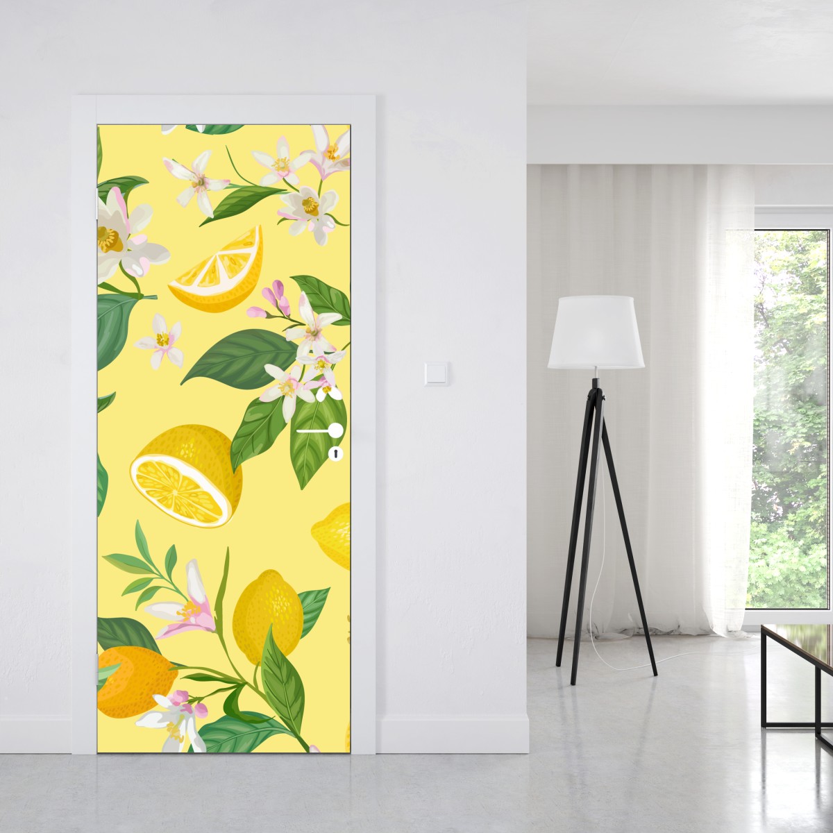 Naklejka na drzwi wzór z kwiatami i cytrynami – Wallissimo® Naklejka na drzwi wzór z kwiatami i cytrynami – Wallissimo®