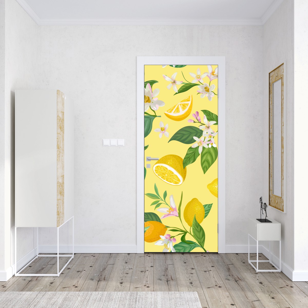 Naklejka na drzwi wzór z kwiatami i cytrynami – Wallissimo® Naklejka na drzwi wzór z kwiatami i cytrynami – Wallissimo®