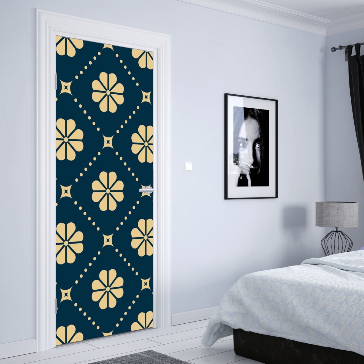 Naklejka na drzwi turkusowo beżowy kwiatowy geometryczny wzór – Wallissimo® Naklejka na drzwi turkusowo beżowy kwiatowy geometryczny wzór – Wallissimo®