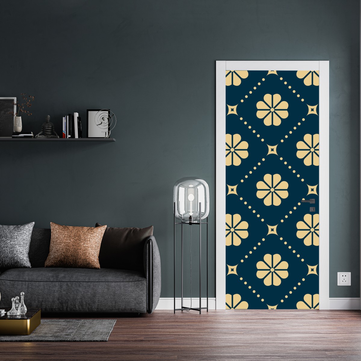 Naklejka na drzwi turkusowo beżowy kwiatowy geometryczny wzór – Wallissimo® Naklejka na drzwi turkusowo beżowy kwiatowy geometryczny wzór – Wallissimo®