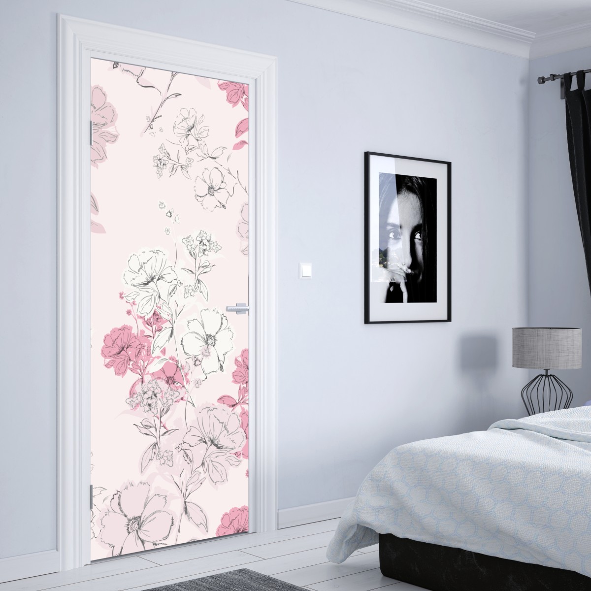 Naklejka na drzwi delikatny różowy wzór kwiatowy – Wallissimo® Naklejka na drzwi delikatny różowy wzór kwiatowy – Wallissimo®