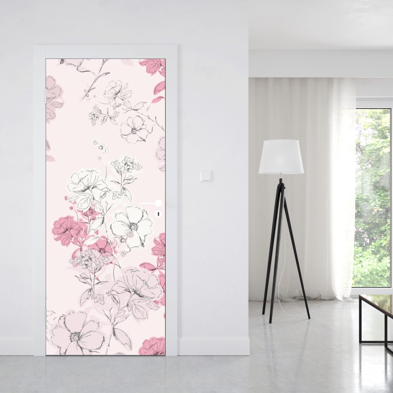 Naklejka na drzwi delikatny różowy wzór kwiatowy – Wallissimo® Naklejka na drzwi delikatny różowy wzór kwiatowy – Wallissimo®