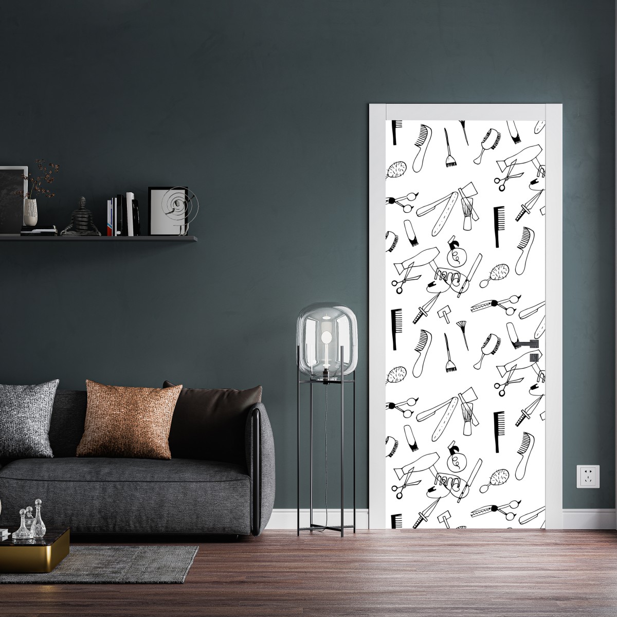 Naklejka na drzwi ręcznie rysowany wzór narzędzi fryzjerskich – Wallissimo® Naklejka na drzwi ręcznie rysowany wzór narzędzi fryzjerskich – Wallissimo®