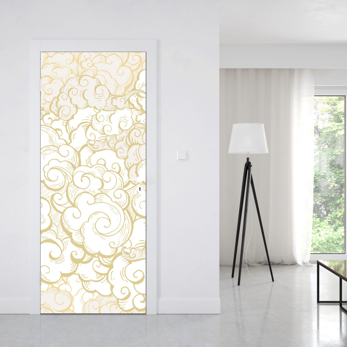 Naklejka na drzwi ornamentalny złoty wzór chmur – Wallissimo® Naklejka na drzwi ornamentalny złoty wzór chmur – Wallissimo®