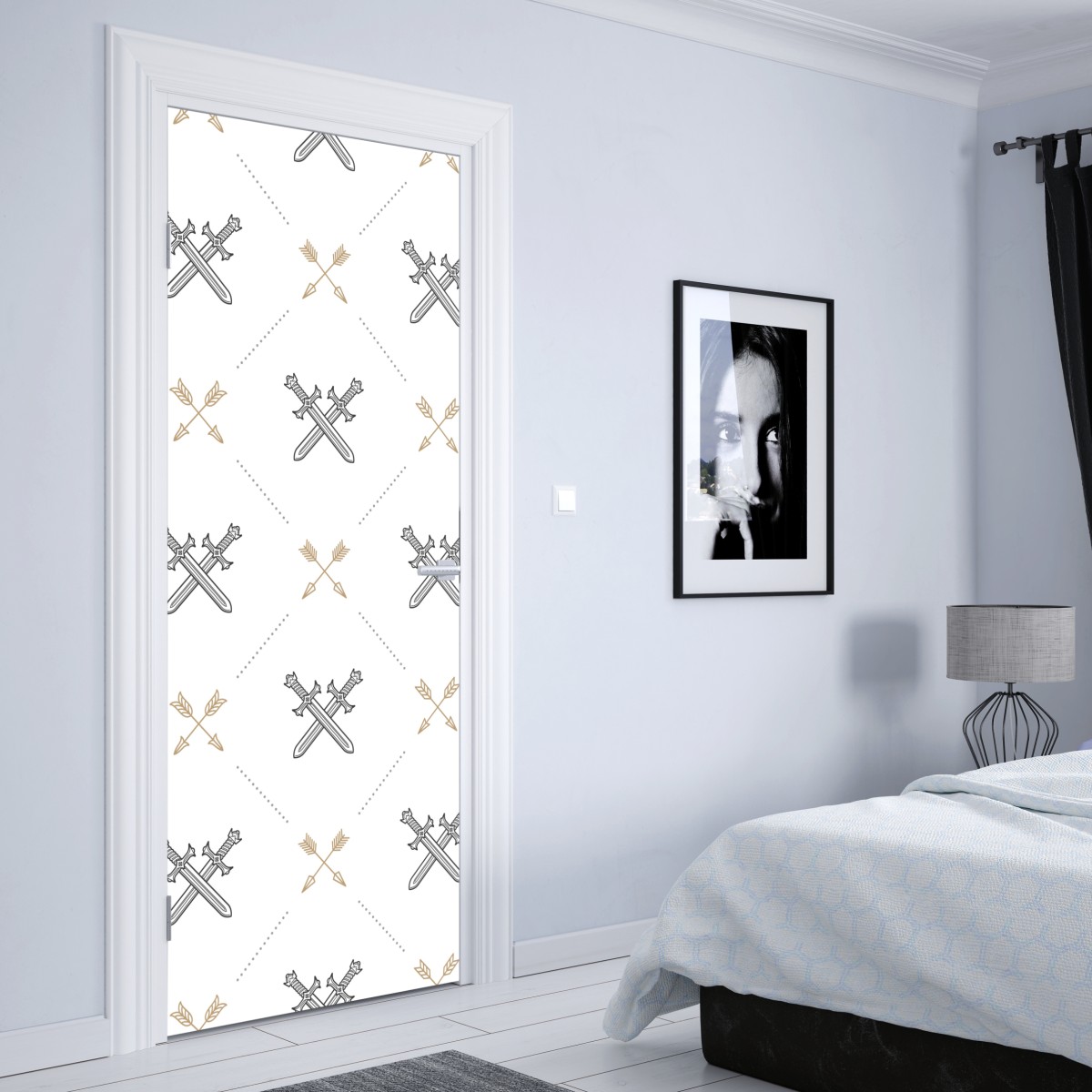 Naklejka na drzwi wzór z połączonymi mieczami i strzałami – Wallissimo® Naklejka na drzwi wzór z połączonymi mieczami i strzałami – Wallissimo®