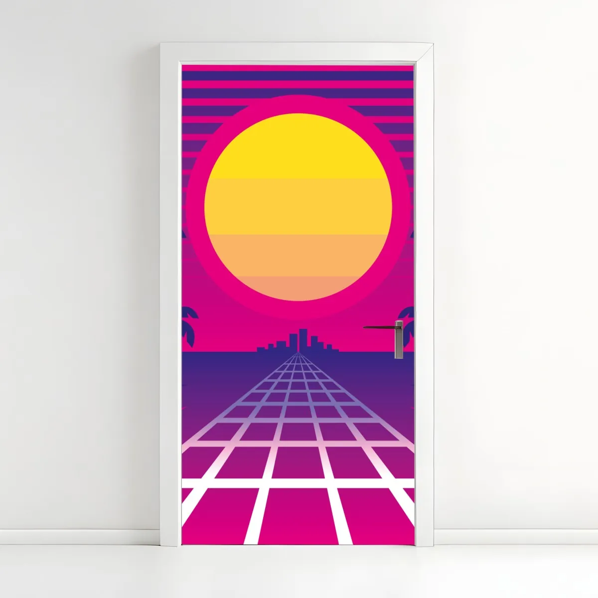 Naklejka na drzwi neonowy zachód słońca nad miastem – Wallissimo® Naklejka na drzwi neonowy zachód słońca nad miastem – Wallissimo®